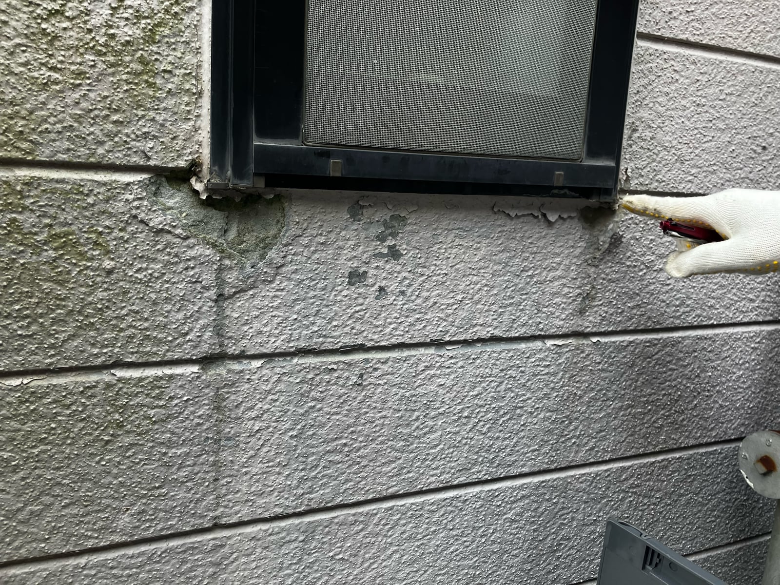 外壁面のクローズアップ。塗膜の劣化・コケの発生・コーキングのやせが見られ、塗替えのタイミングです。